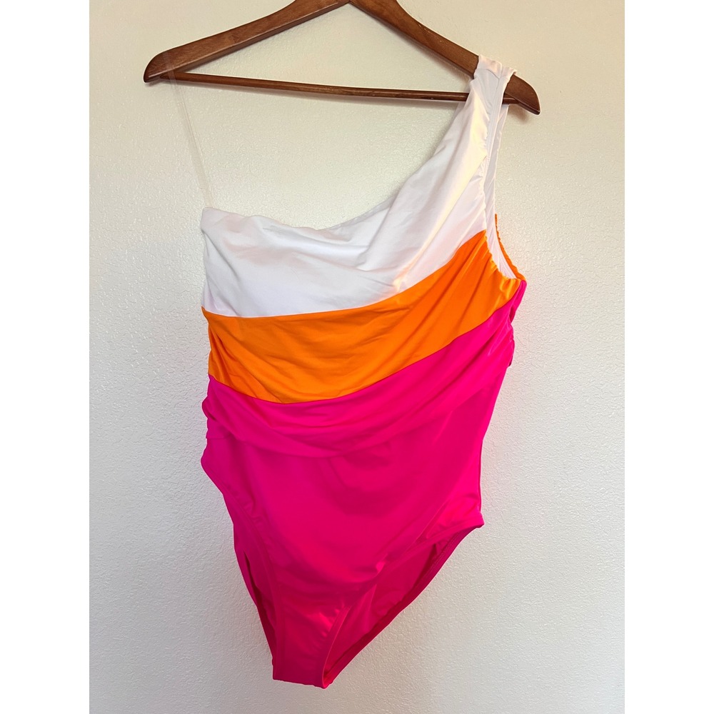 La Blanca Womens 16 One Piece Swimsuit Pink Orange White One Shoulder Swim